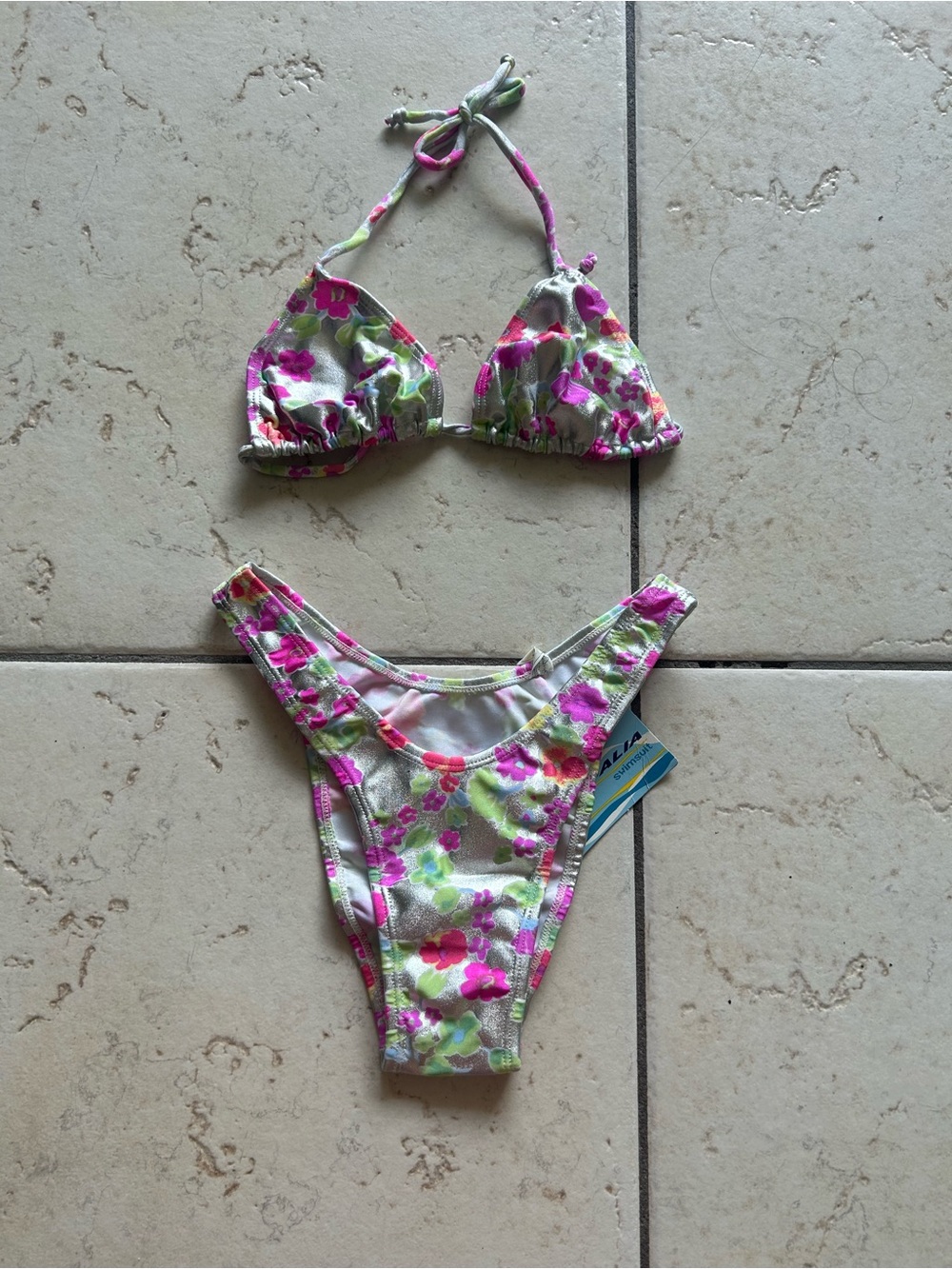 Floral Pink & Green Triangle Bikini Set - Women's Swim